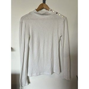 J Crew White Gold Button Detail Mock Neck Ribbed Long Sleeve Top Size Me…